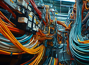 Komplexe Verkabelung in einer Smart Factory. Zahlreiche farbige Kabel - orange, blau, gelb und weiß - verlaufen in geordneten Bahnen zwischen Serverracks und elektronischen Geräten. Das Bild vermittelt den Eindruck von hoher technischer Komplexität und der Notwendigkeit eines effektiven Kabelmanagements.