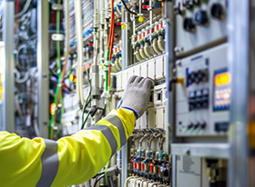 Eine Hand in Arbeitshandschuh betätigt einen Schalter an einer industriellen Schalttafel, umgeben von Kabeln und technischen Geräten in einer industriellen Umgebung.