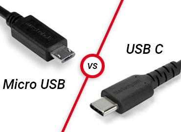 Vergleich von Micro USB und USB-C Steckern: Micro USB vs. USB-C Kabelenden nebeneinander dargestellt, zeigt die unterschiedlichen Formen und Größen der Anschlüsse.