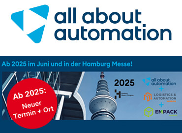 Bild zeigt das all about automation Hamburg Logo mit Hinweis auf Terminverschiebung und Ortswechsel 