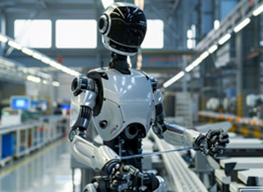 Ein moderner Roboter arbeitet an einer Produktionslinie in einer hochautomatisierten Fabrik, symbolisiert die Zukunft der Elektromechanik und Automatisierung.